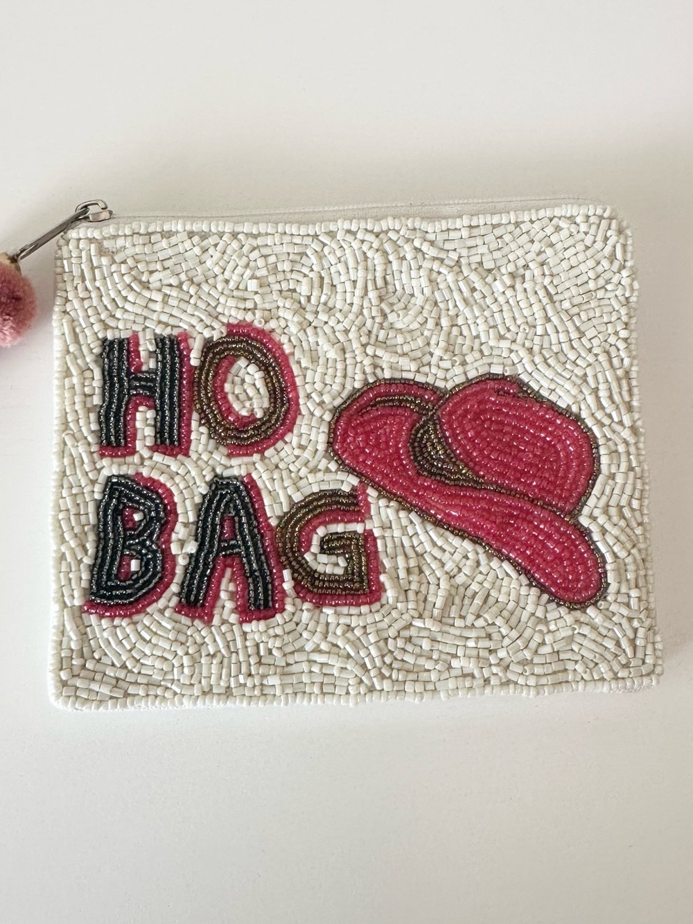 SHIRDEE Beaded "HO BAG" Western Cowboy Hat Coin Purse Zip Pouch Cream Pink New⁠
